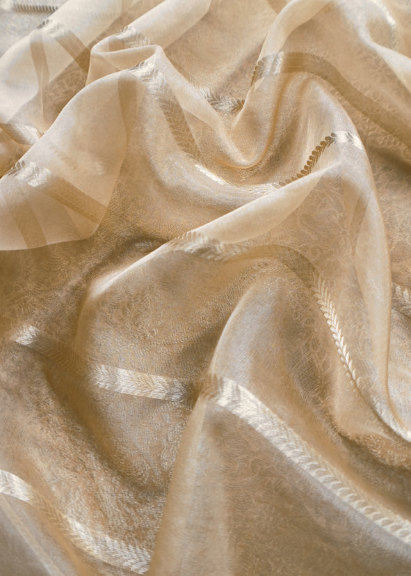 Beige Banarasi Silk Brocade Suit With Organza Dupatta