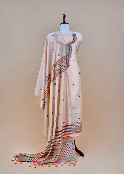 Heather Peach linen Chanderi Suit Fabric With Multicolour Jamdani Weaving