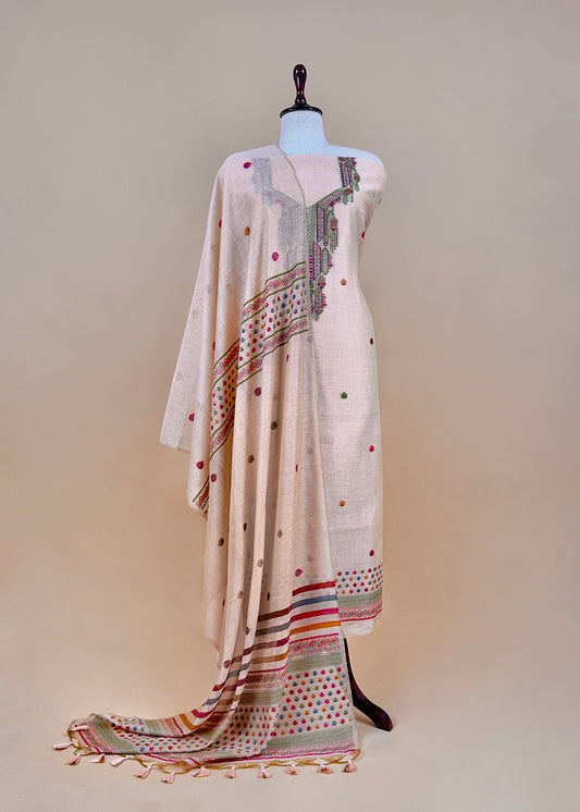 Heather Peach linen Chanderi Suit Fabric With Multicolour Jamdani Weaving
