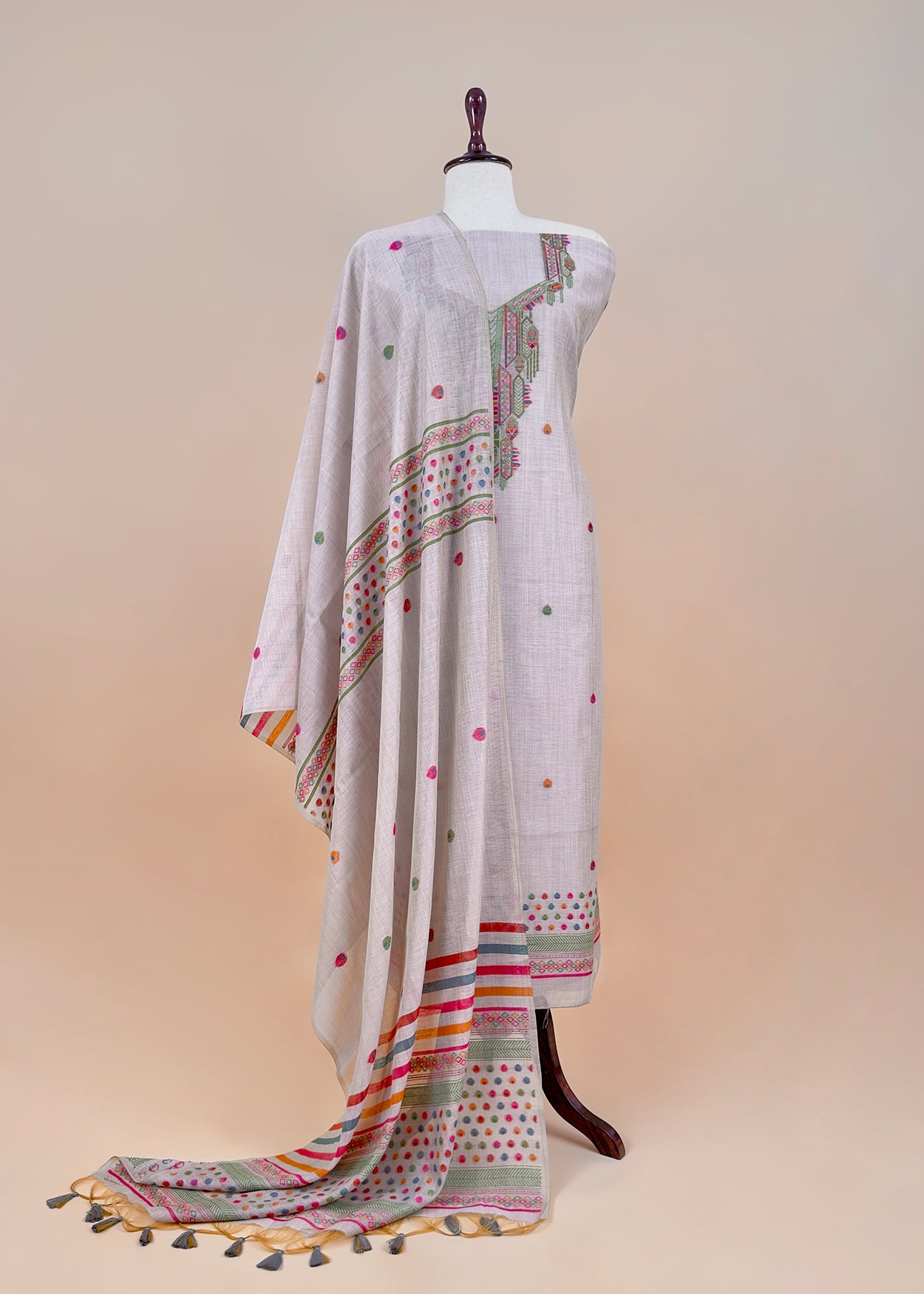 Grey linen Chanderi Suit Fabric With Multicolour Jamdani Weaving