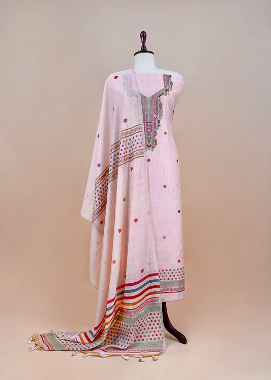 Pastel Pink linen Chanderi Suit Fabric With Multicolour Jamdani Weaving