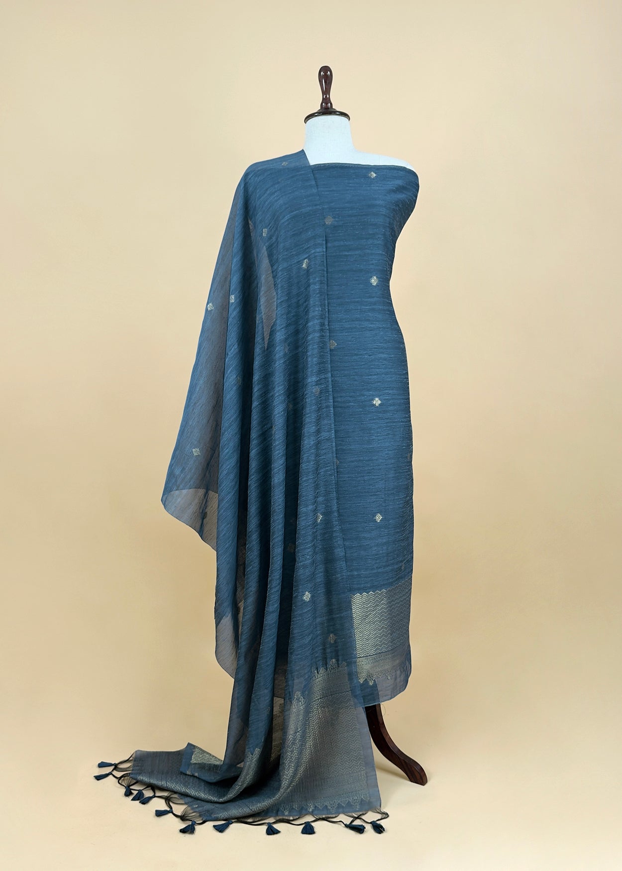 Steel Blue Chanderi Unstitched Suit With Gold Zari Jamdani Weaving