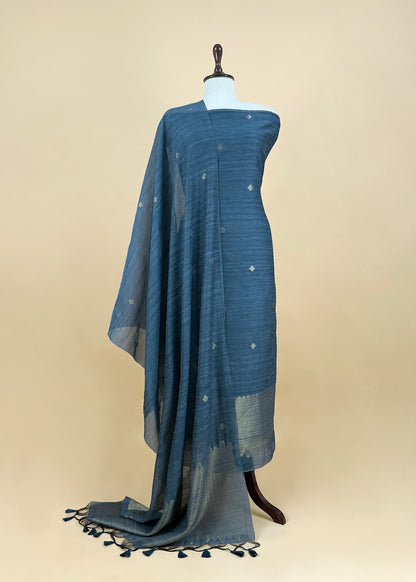 Steel Blue Chanderi Unstitched Suit With Gold Zari Jamdani Weaving