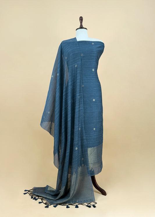 Steel Blue Chanderi Unstitched Suit With Gold Zari Jamdani Weaving