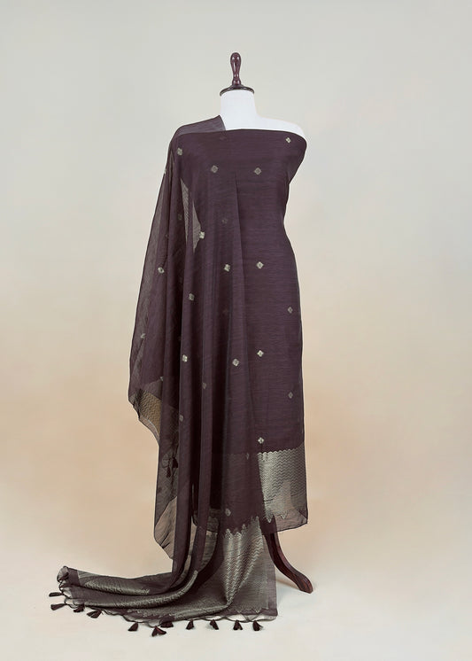 Brown Chanderi Unstitched Suit With Gold Zari Jamdani Weaving