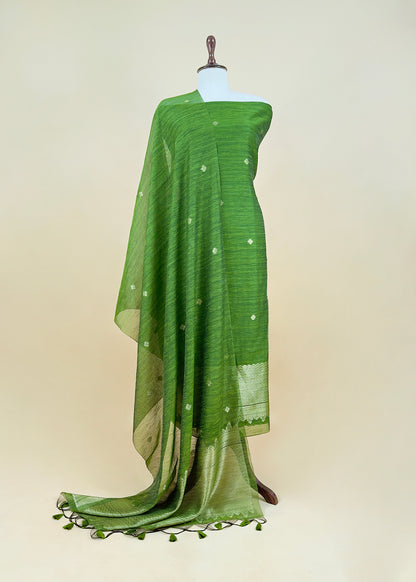 Shamrock Green Chanderi Unstitched Suit With Gold Zari Jamdani Weaving