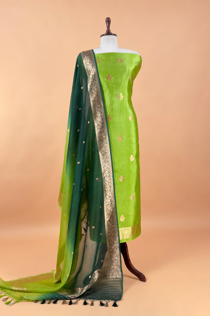 Green Handloom Kora Silk Kurta and Kora Silk Dupatta with Gold Kadwa weaving