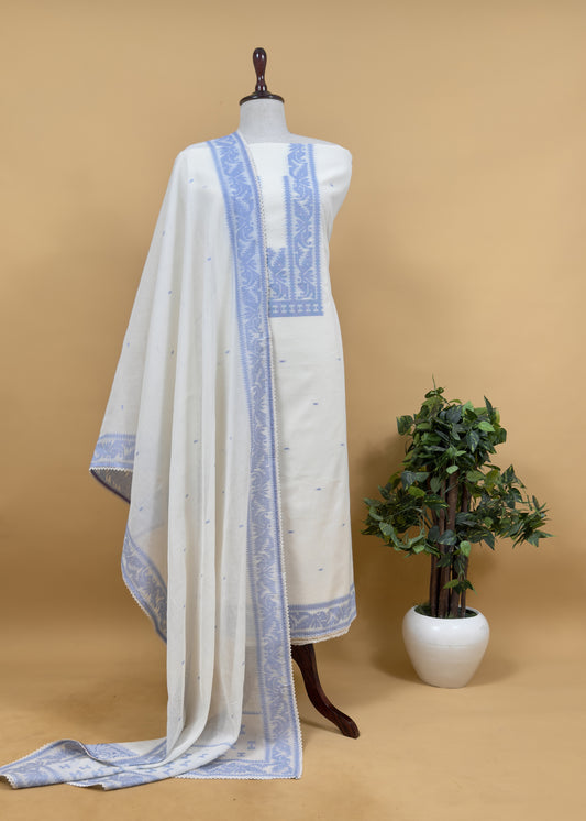 Off White With Blue Cotton Linen Suit With Jamdani Weaving