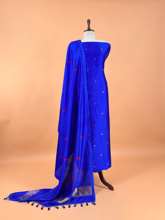 Royal Blue Designer Handloom Silk Suit With Meenakari Kadwa Weaving