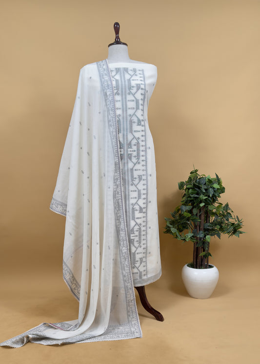 Off-White Pure Cotton Linen Hand Block Print Suit Fabric With Jamdani Weaving