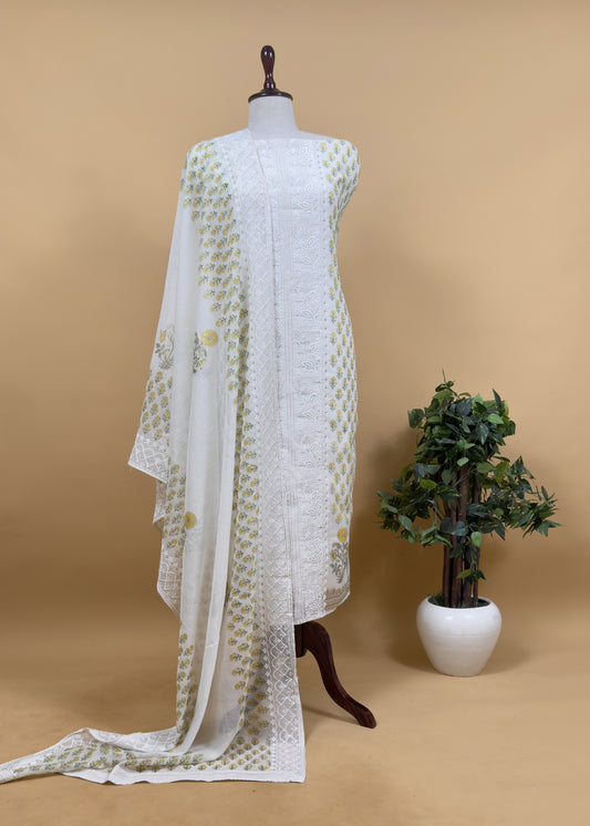 Yellow Pure Mul Cotton Hand-block Print Suit With Gold And Resham Embroidery