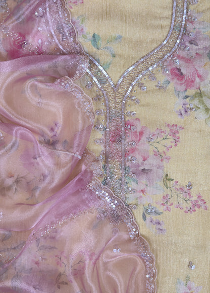 Morning Yellow Floral Pure Tissue Silk Suit With Brush Print, Sequins And Cutdana Work