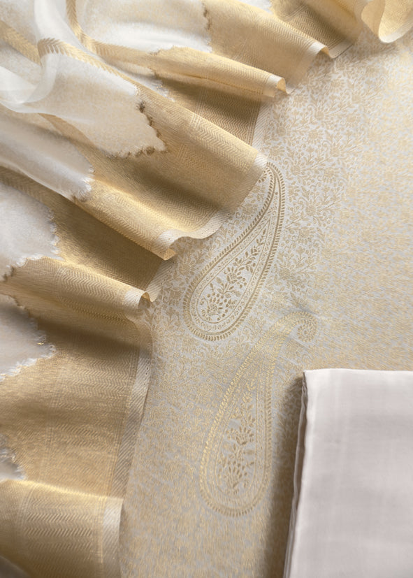 Beige Brocade Kurta With Organza Dupatta