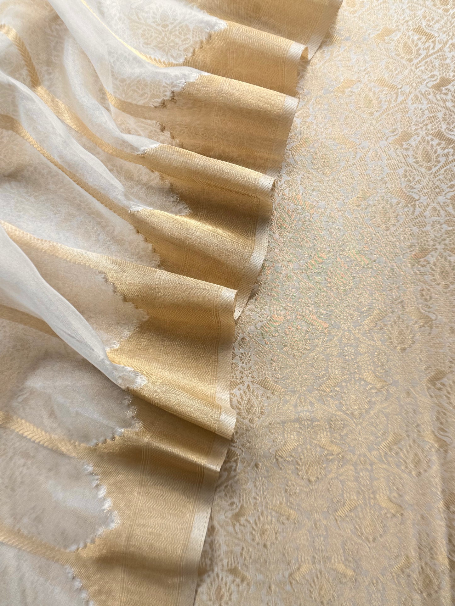 White Banarasi Silk Brocade Suit With Organza Dupatta