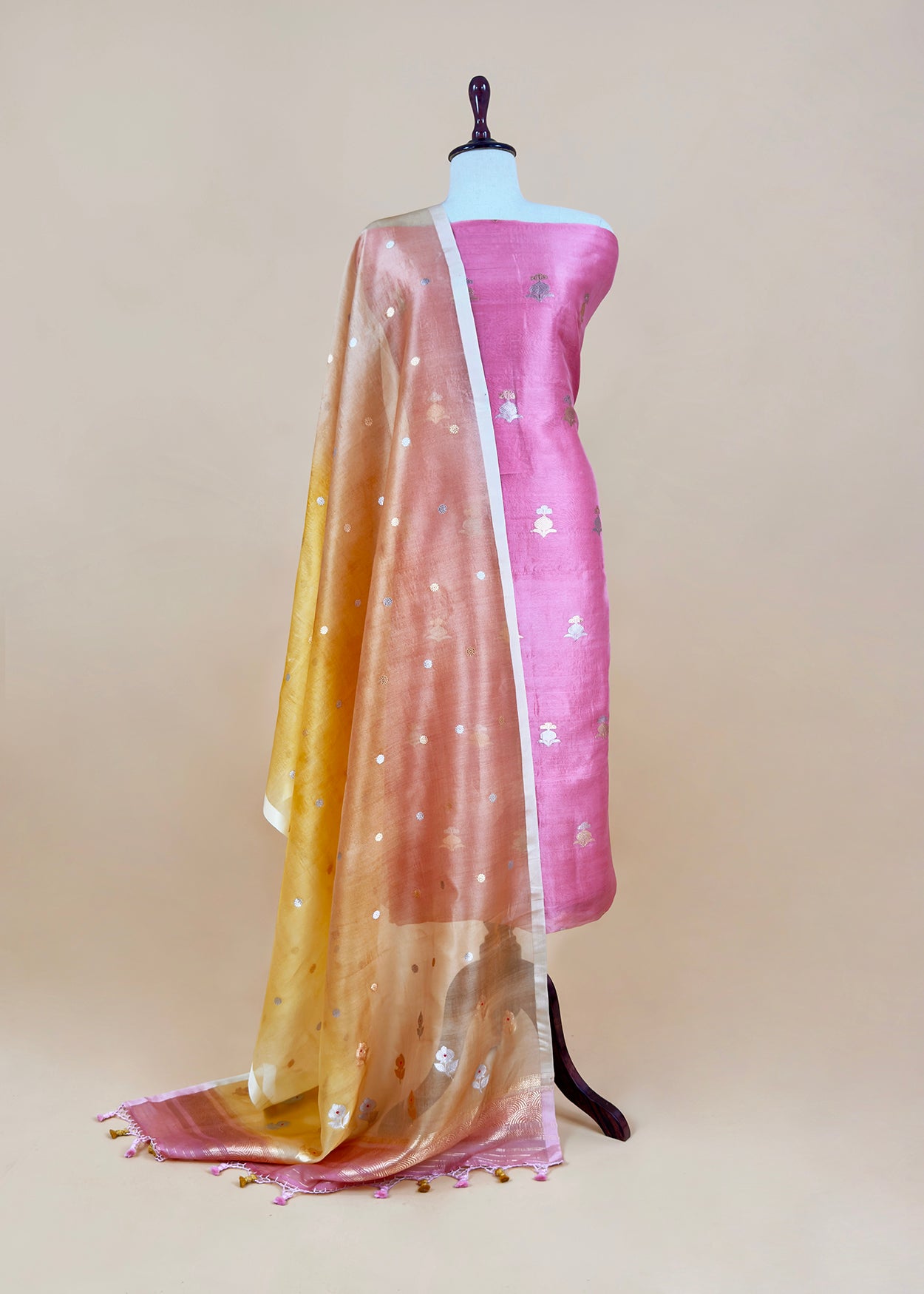 Taffy Pink Handloom Banarasi Silk Kurta And Kora Silk Dupatta With Kadwa Meenakari Weaving