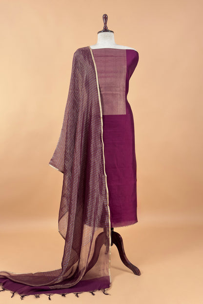 Sapphire Wine Handloom Katan Silk Suit Fabric With Kadwa Weaving
