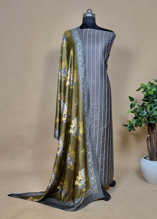 Grey Pashmina Suit With Pichwai Dupatta