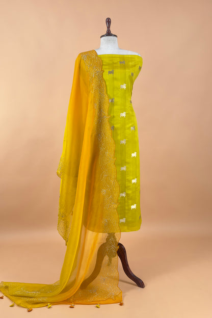 Lemom Yellow Pure Chiniya Silk Kurta And Ombré Kora Silk Dupatta With Handwork
