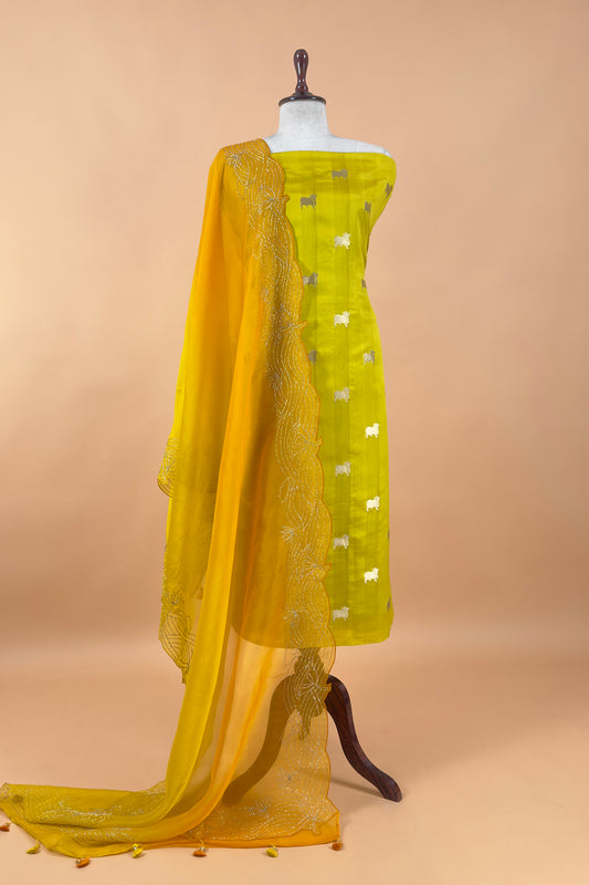 Lemom Yellow Pure Chiniya Silk Kurta And Ombré Kora Silk Dupatta With Handwork