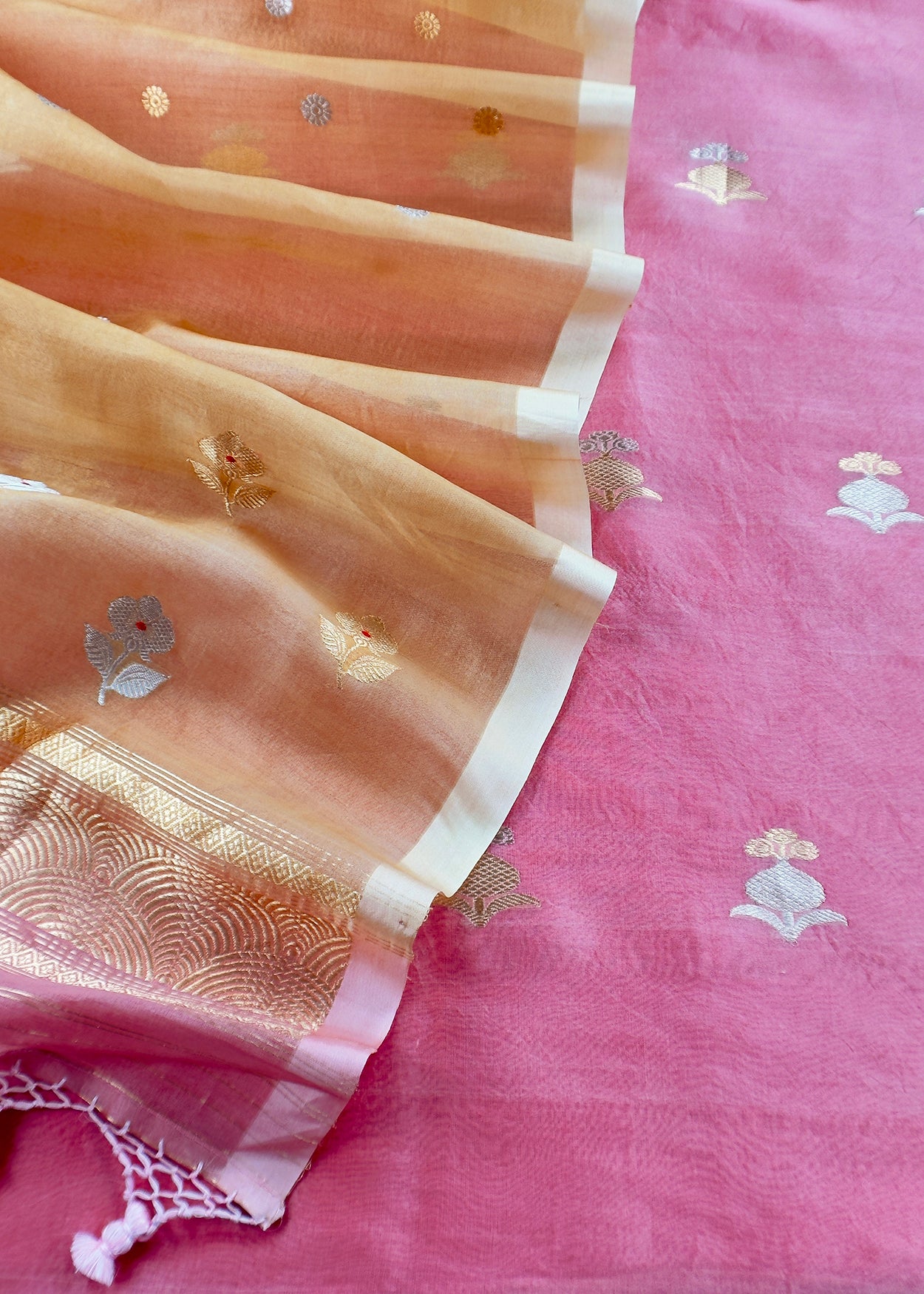 Taffy Pink Handloom Banarasi Silk Kurta And Kora Silk Dupatta With Kadwa Meenakari Weaving