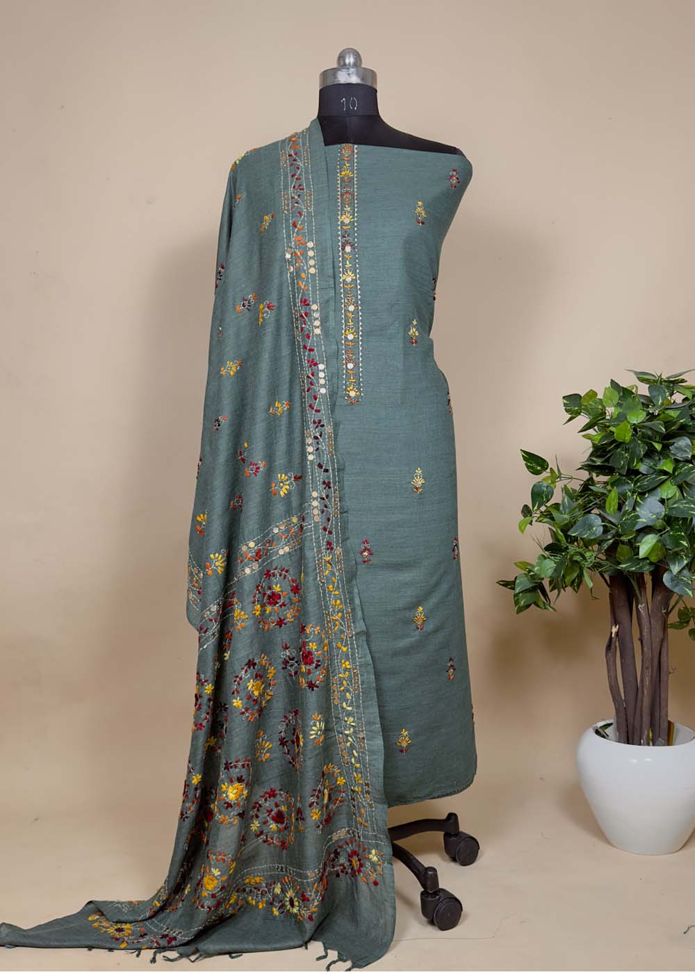 Dark Linen Chanderi Suit With Phulkari Work