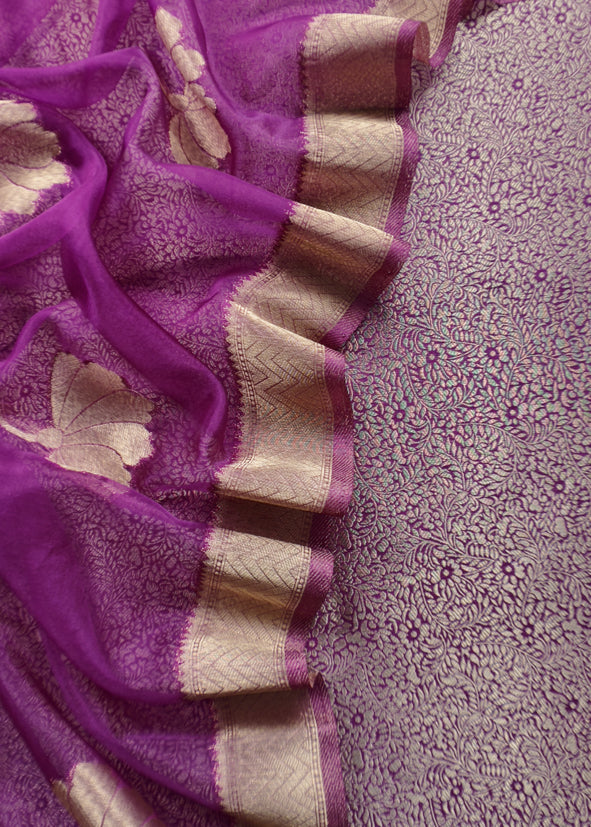 Purple Brocade Kurta With Organza Dupatta