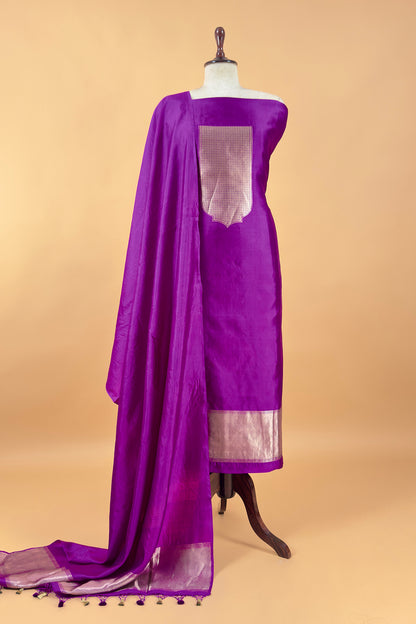 Purple Handloom Katan Silk Suit Fabric With Kadwa Weaving