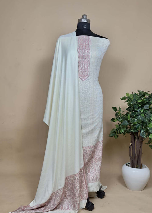 Off-White Handloom Pashmina Suit With Kani Zari Weaving