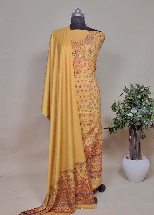 Yellow Handloom Pashmina Suit With Kani Zari Weaving