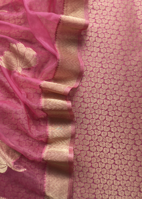 Pink Banarasi Silk Brocade Suit With Organza Dupatta