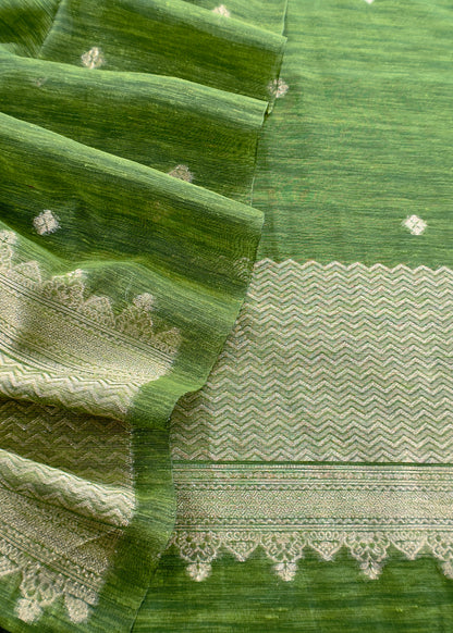 Shamrock Green Chanderi Unstitched Suit With Gold Zari Jamdani Weaving