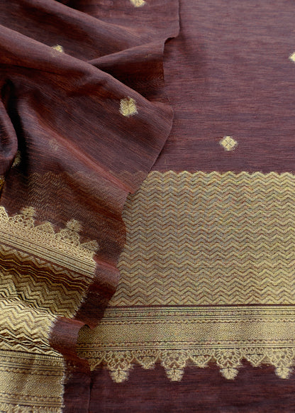 Brown Chanderi Unstitched Suit With Gold Zari Jamdani Weaving