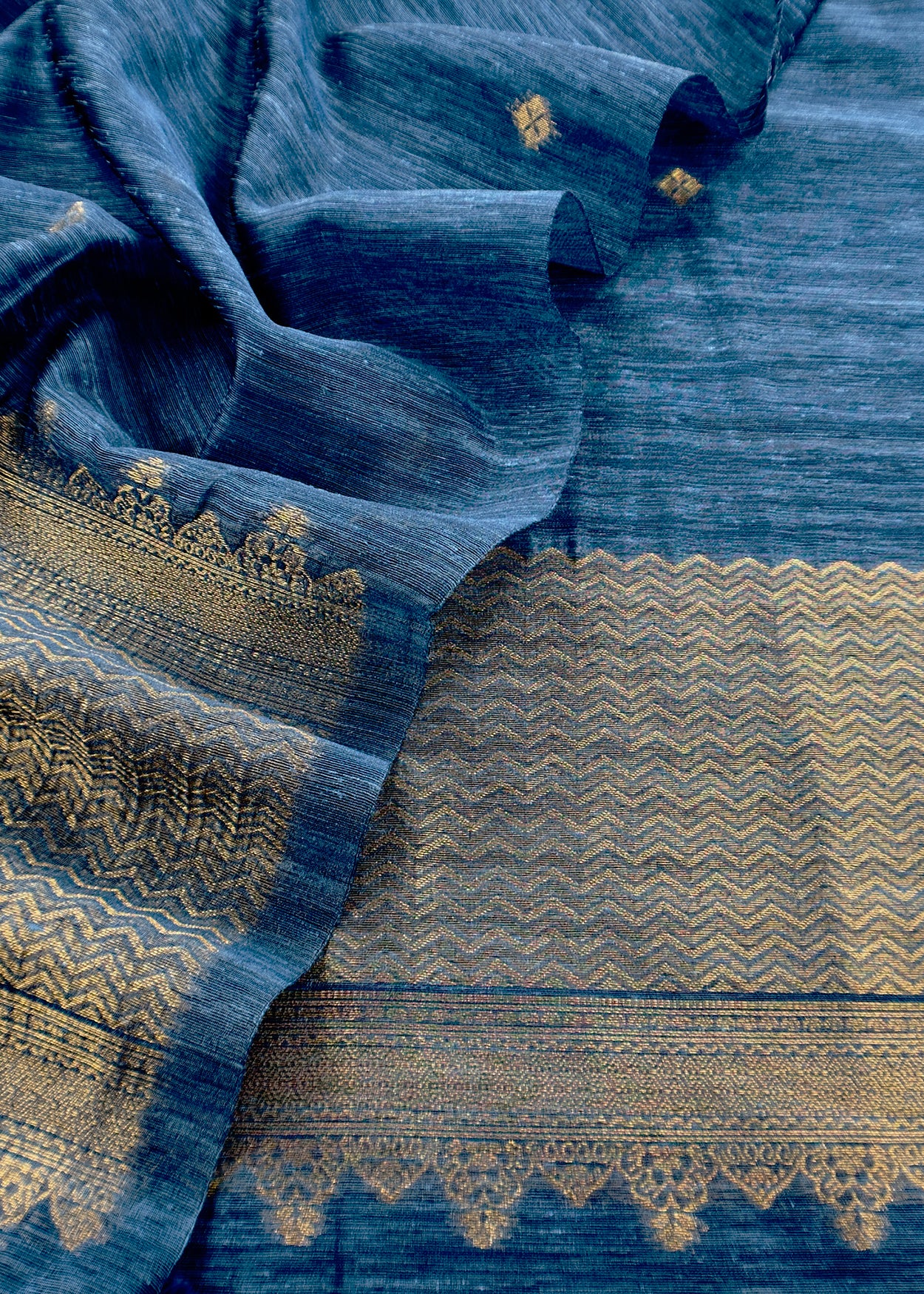 Steel Blue Chanderi Unstitched Suit With Gold Zari Jamdani Weaving