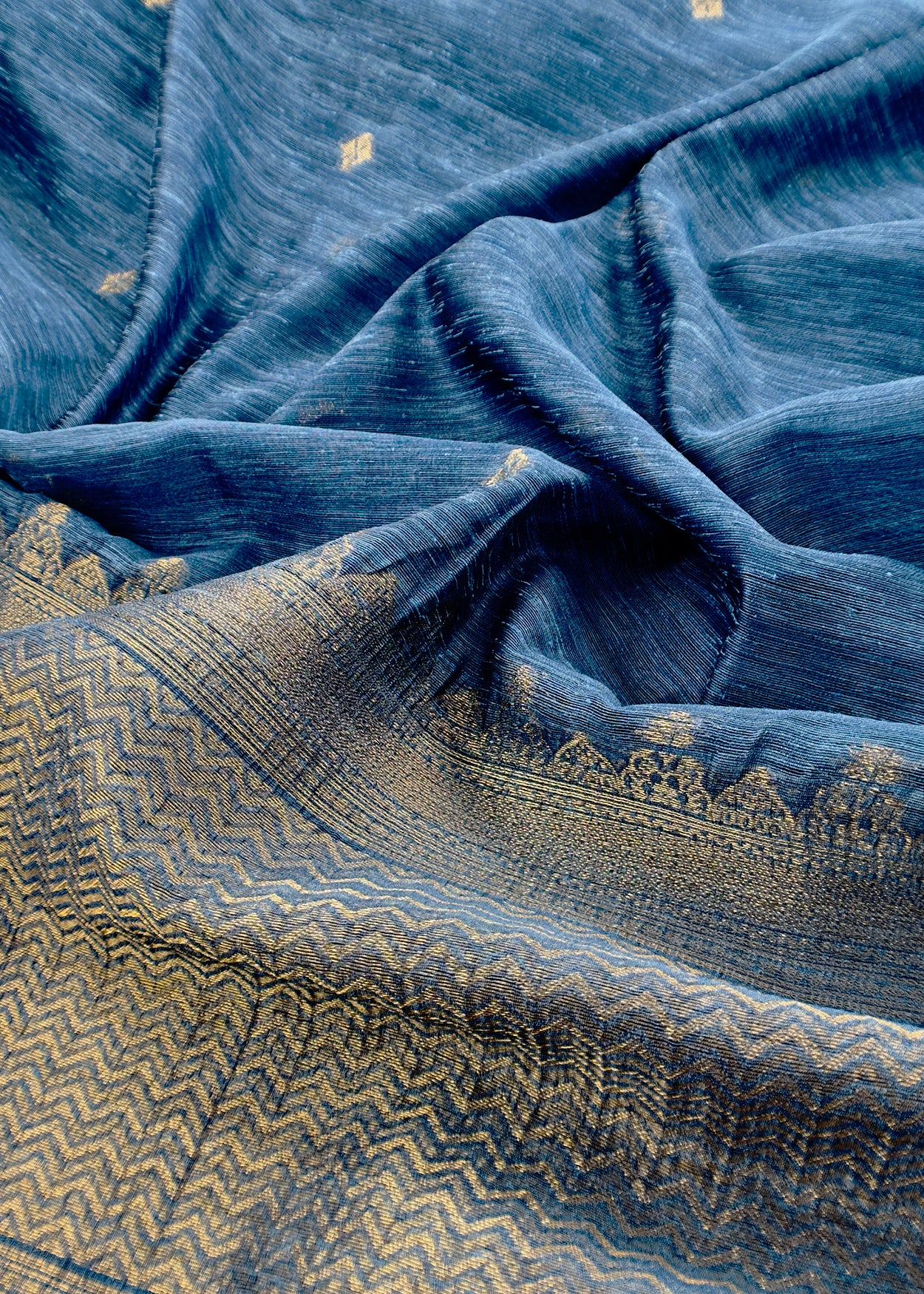 Steel Blue Chanderi Unstitched Suit With Gold Zari Jamdani Weaving