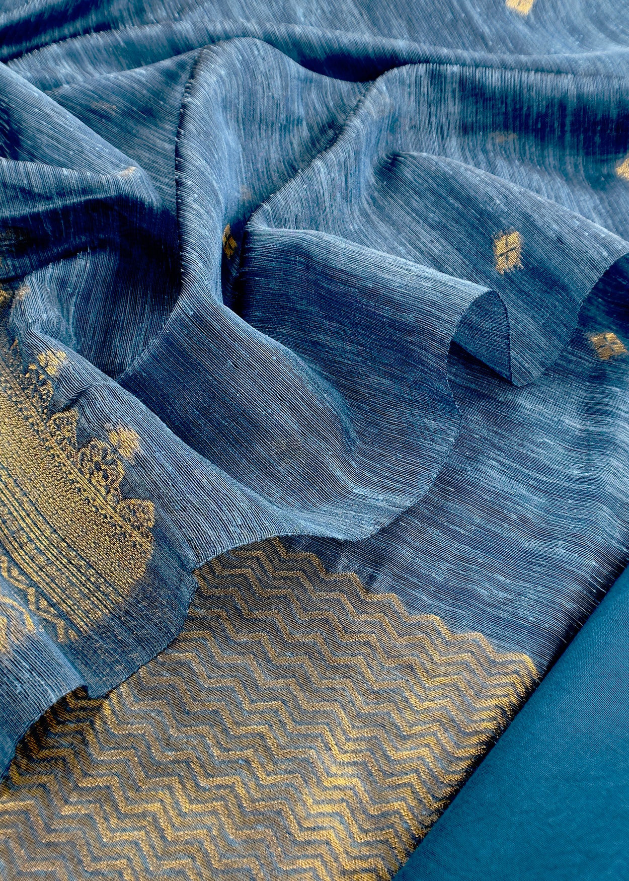 Steel Blue Chanderi Unstitched Suit With Gold Zari Jamdani Weaving