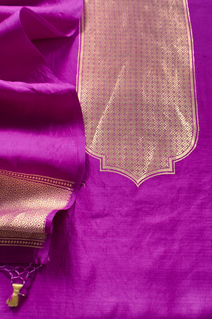 Purple Handloom Katan Silk Suit Fabric With Kadwa Weaving