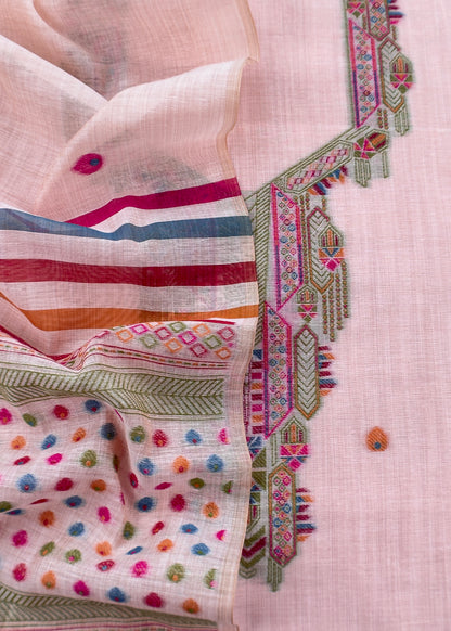 Pastel Pink linen Chanderi Suit Fabric With Multicolour Jamdani Weaving