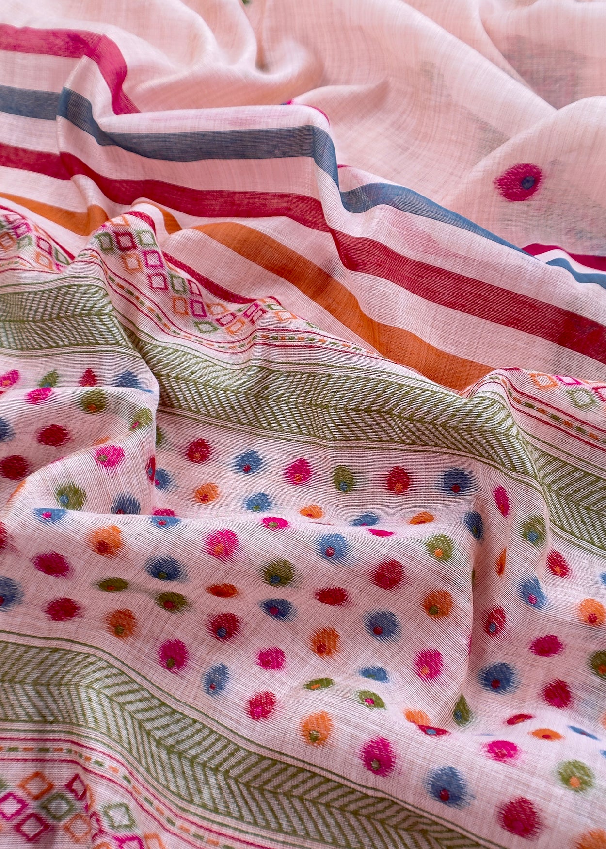 Pastel Pink linen Chanderi Suit Fabric With Multicolour Jamdani Weaving