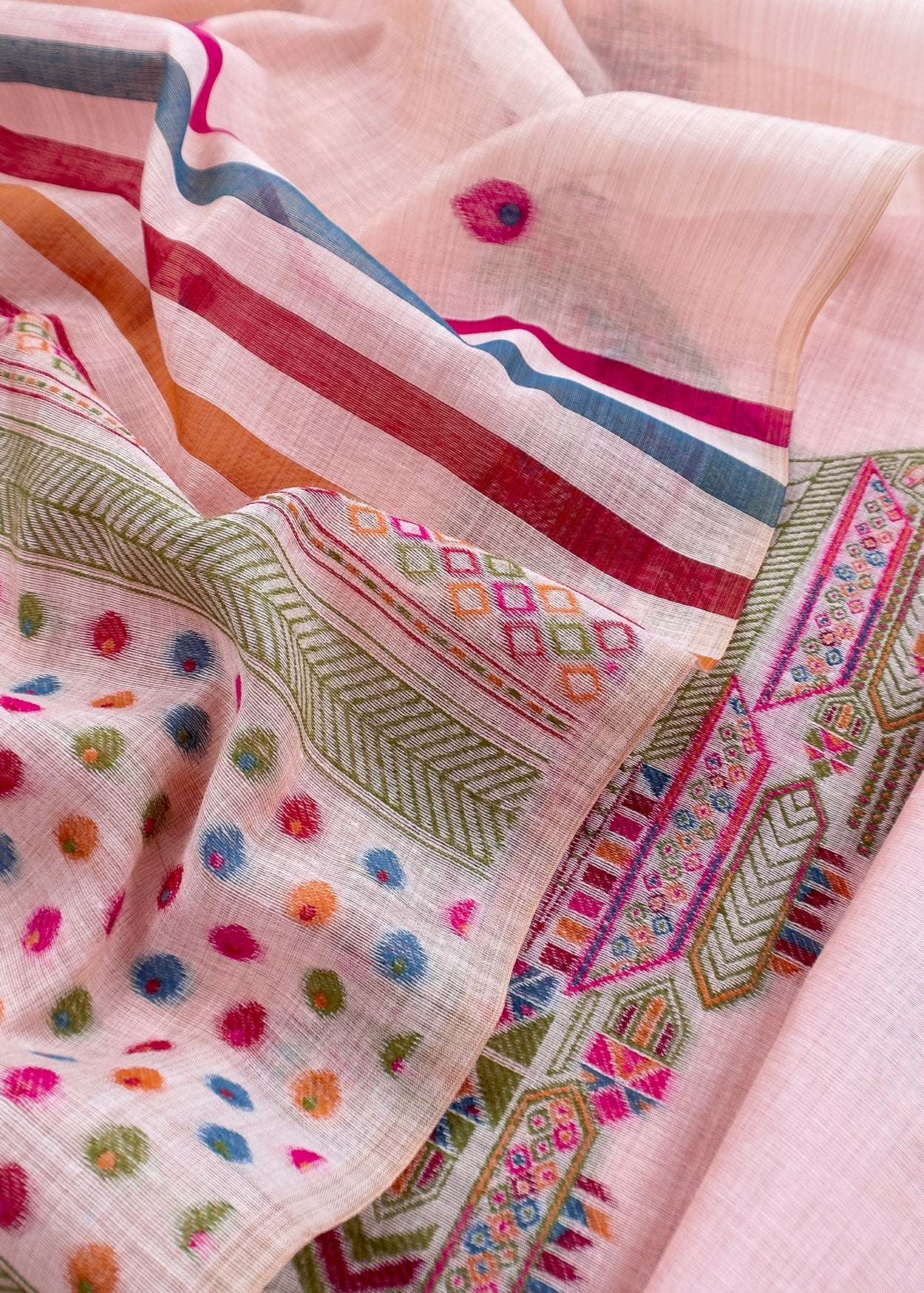 Pastel Pink linen Chanderi Suit Fabric With Multicolour Jamdani Weaving