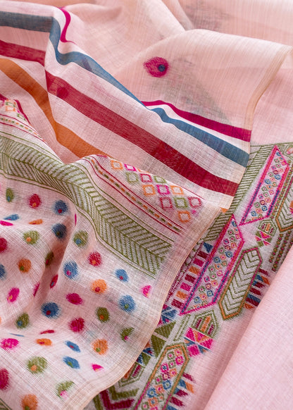Pastel Pink linen Chanderi Suit Fabric With Multicolour Jamdani Weaving