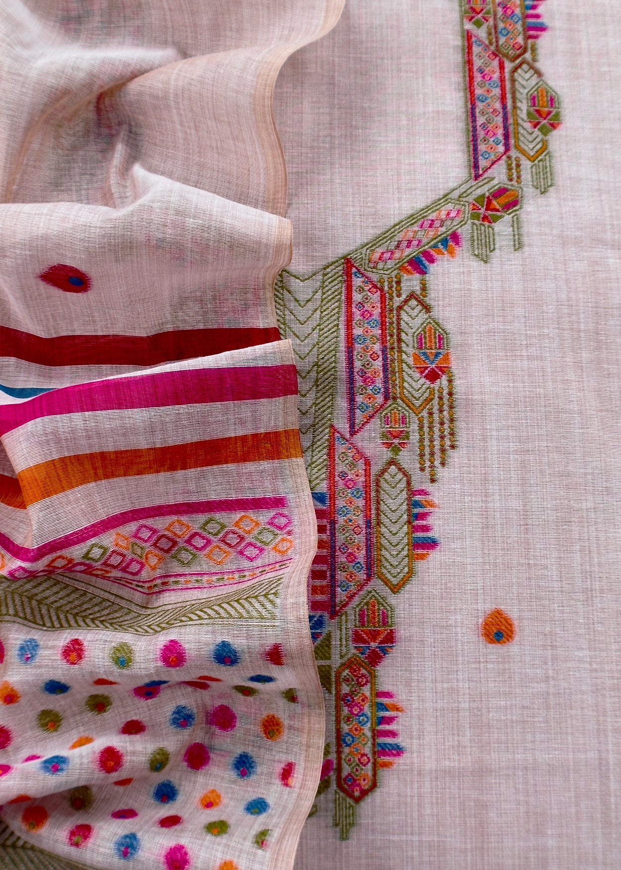 Grey linen Chanderi Suit Fabric With Multicolour Jamdani Weaving