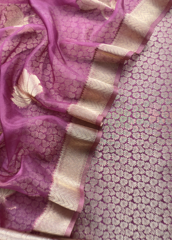 Wine Purple Banarasi Silk Brocade Suit With Organza Dupatta