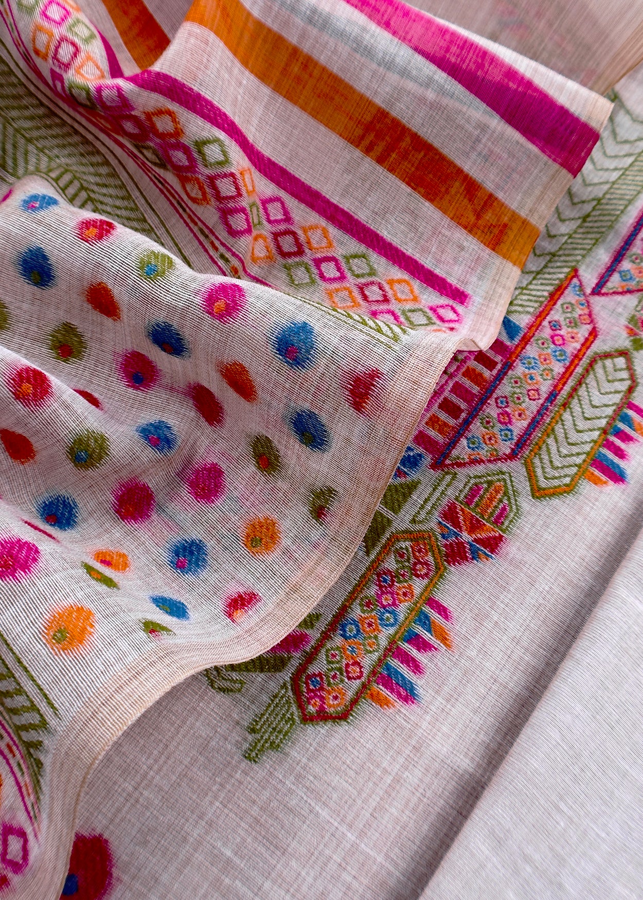 Grey linen Chanderi Suit Fabric With Multicolour Jamdani Weaving