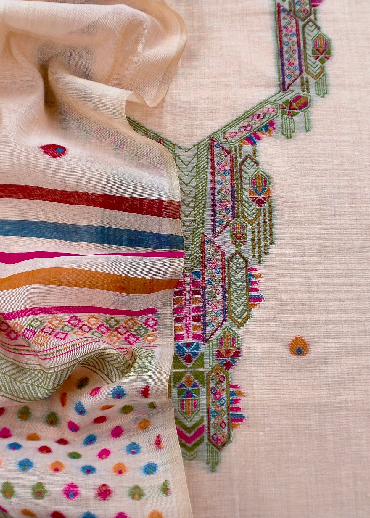 Heather Peach linen Chanderi Suit Fabric With Multicolour Jamdani Weaving