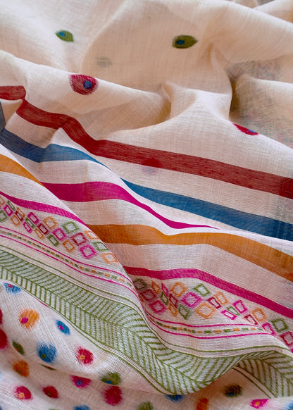 Heather Peach linen Chanderi Suit Fabric With Multicolour Jamdani Weaving