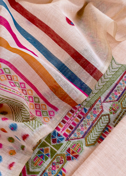 Heather Peach linen Chanderi Suit Fabric With Multicolour Jamdani Weaving