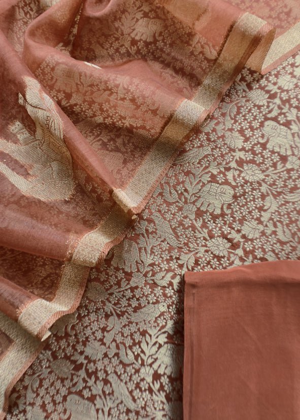 Brown Brocade Kurta With Organza Dupatta