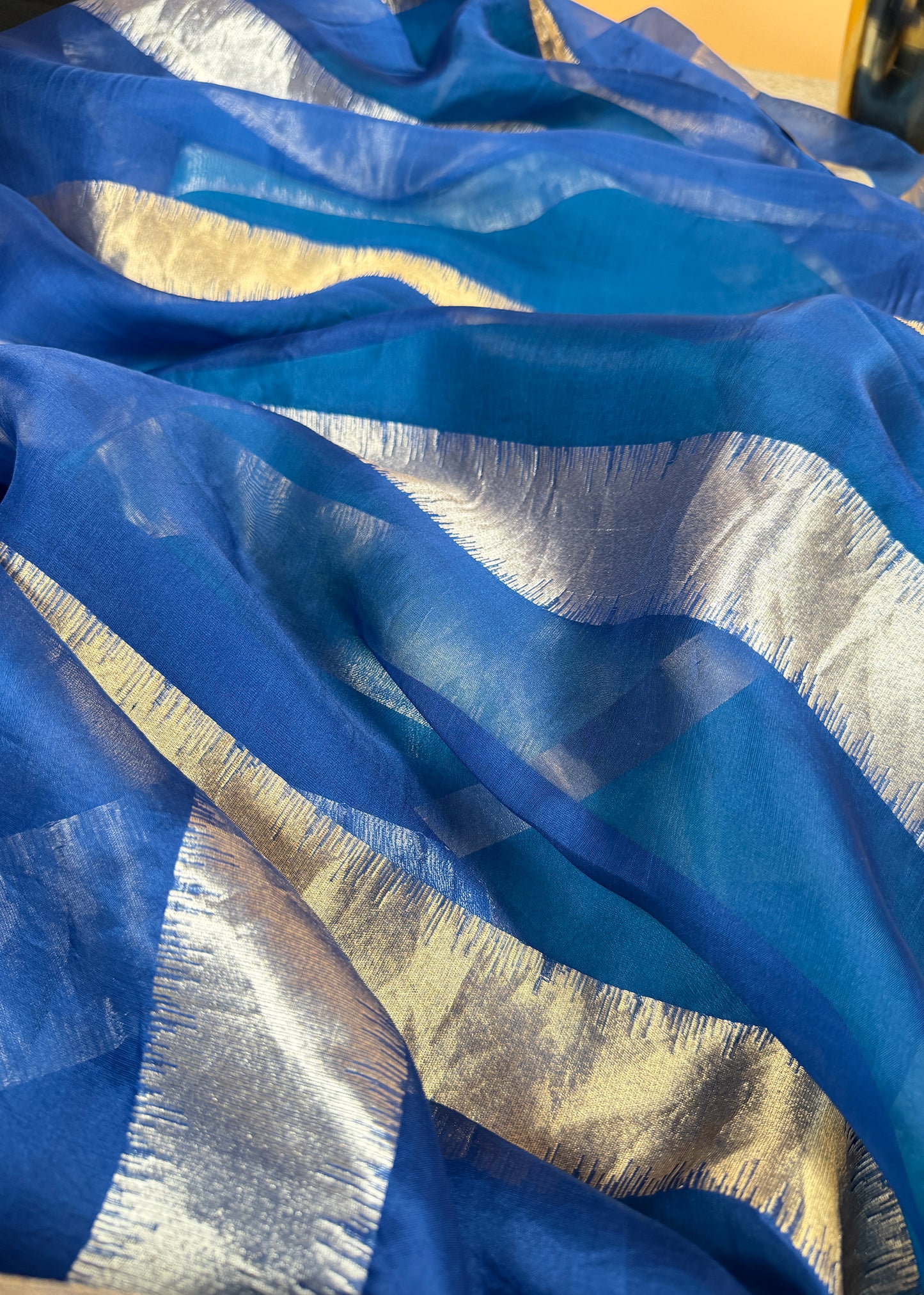 Azure Blue Handloom Kora Silk Saree With Zari Stripes