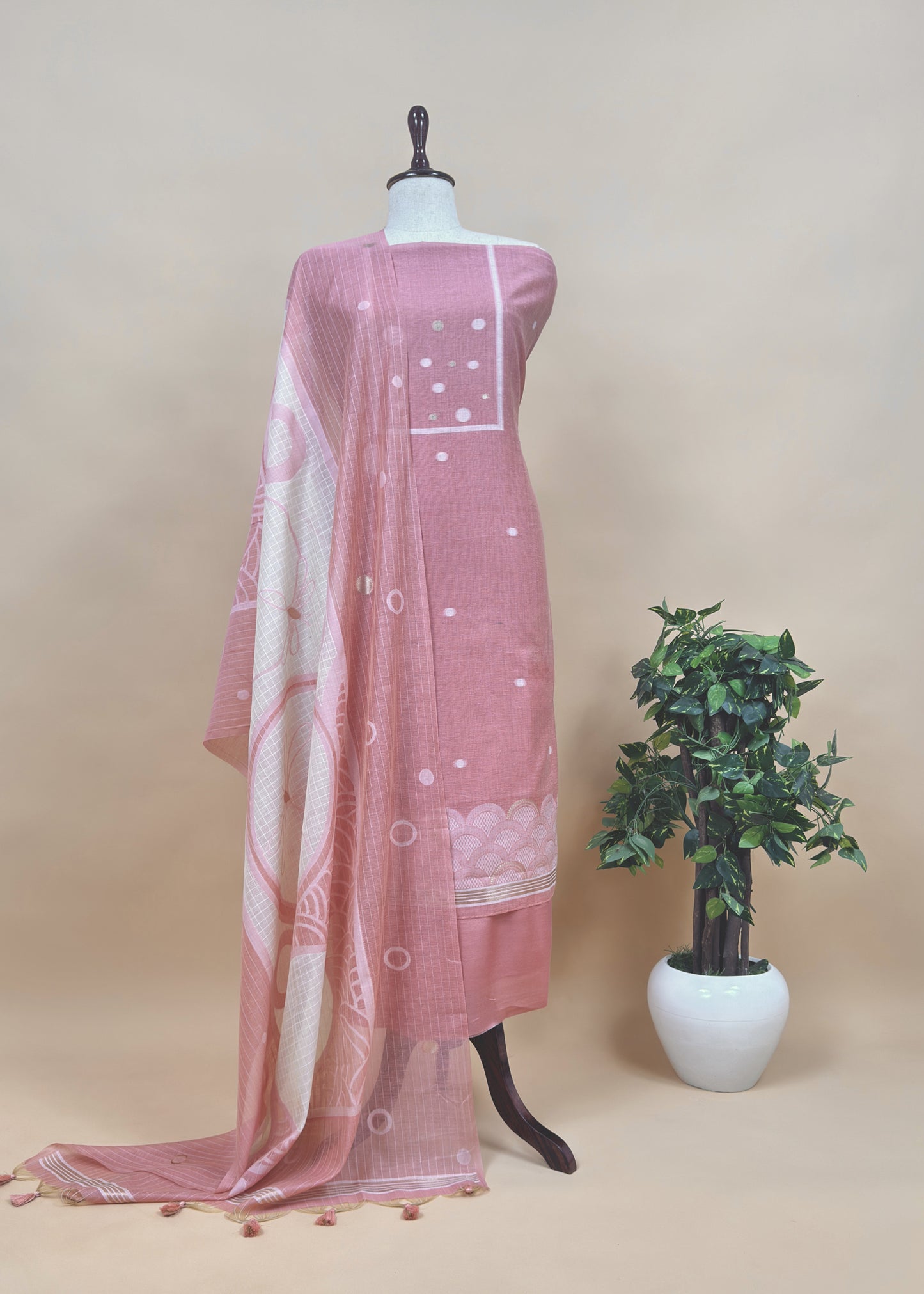 Soft Blue Linen Chanderi Kurta with Appliqué Work and Dupatta with Jamdani weaving