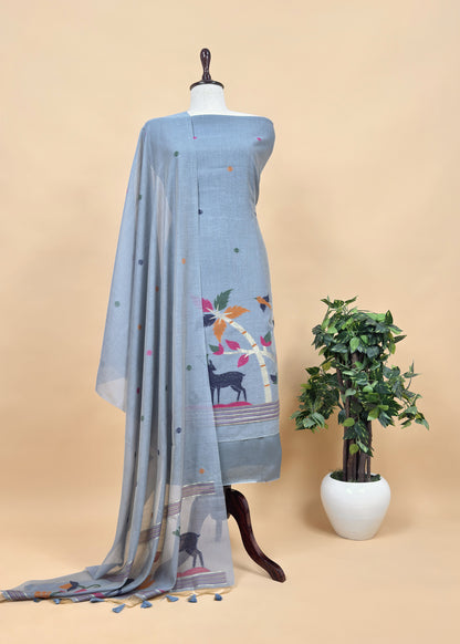 Green Linen Chanderi Suit With Jamdani Weaving